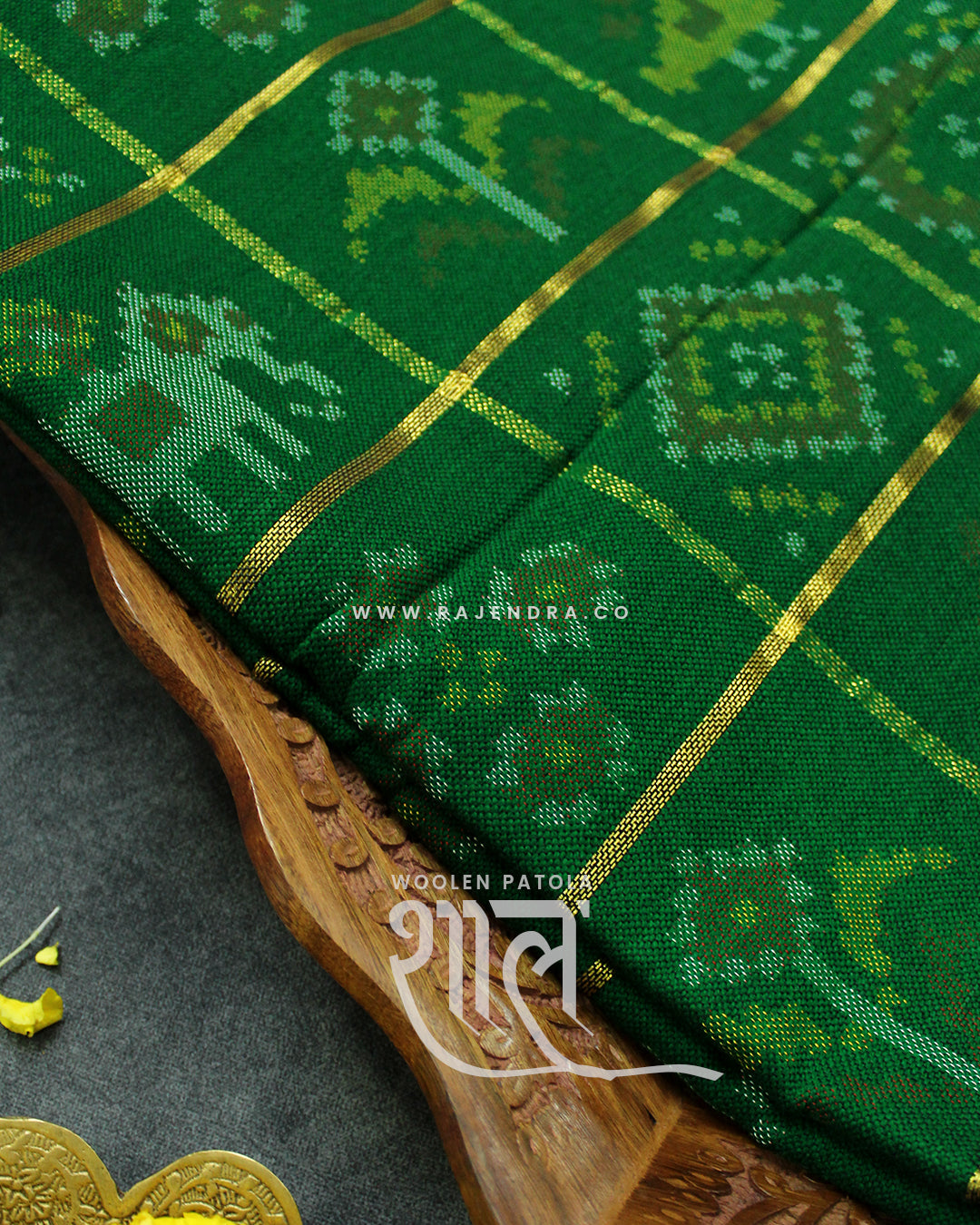 Handwoven Hathi Popat Zari Checks Green Woolen Patola Shawls