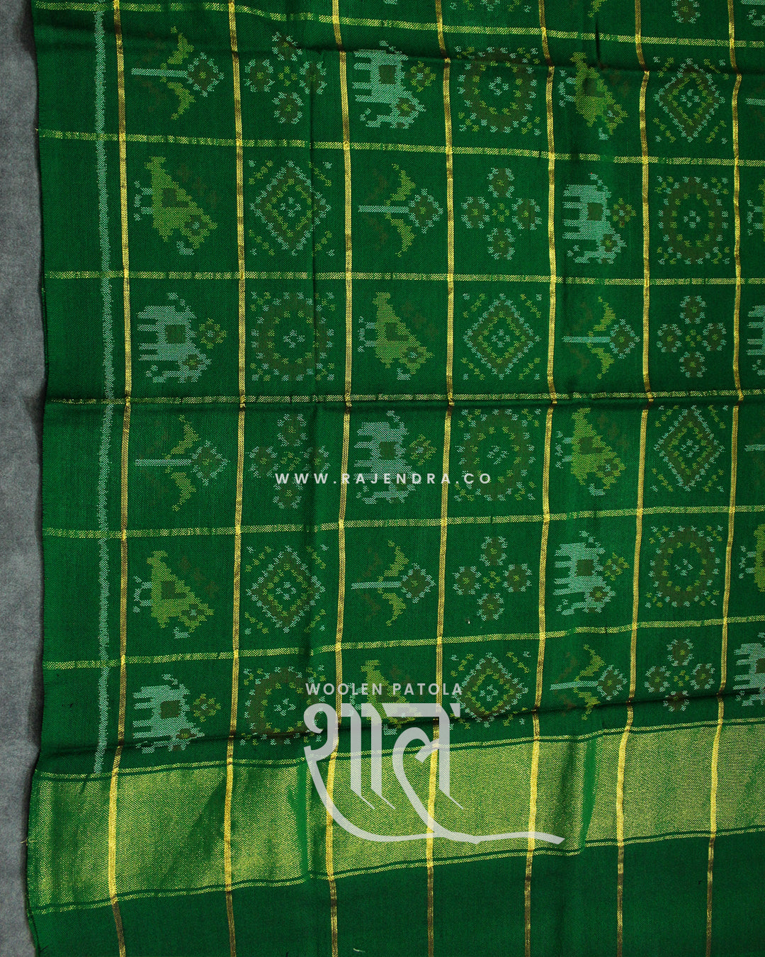 Handwoven Hathi Popat Zari Checks Green Woolen Patola Shawls