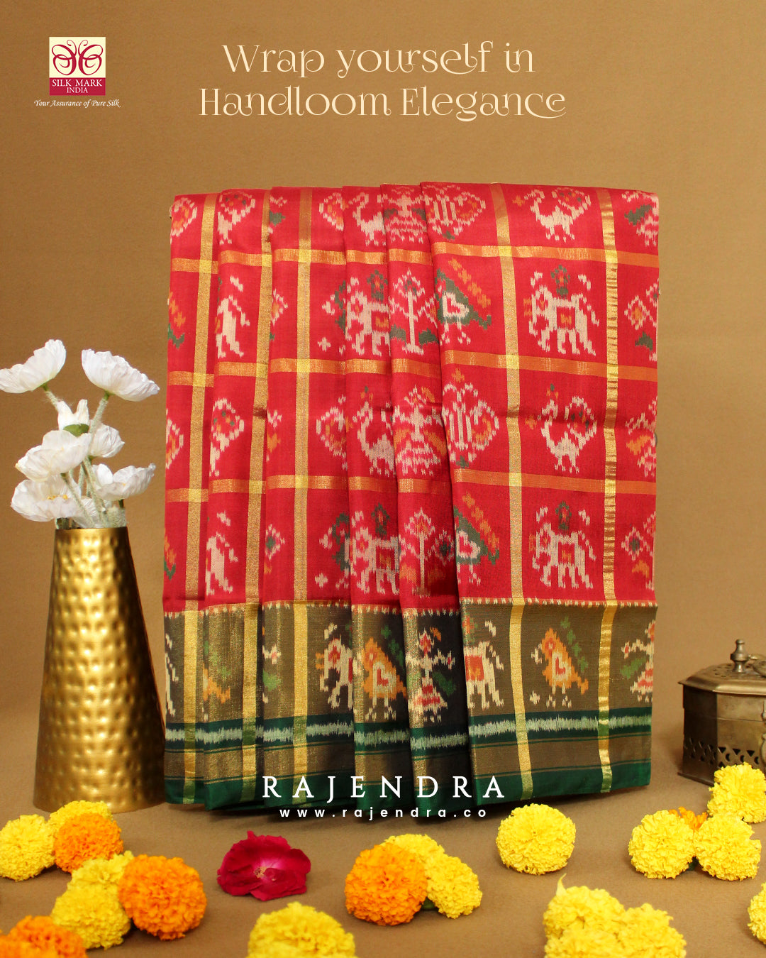 Handwoven Zari Checks Hathi Popat Design Red and Green Single Ikkat Rajkot Patola Saree