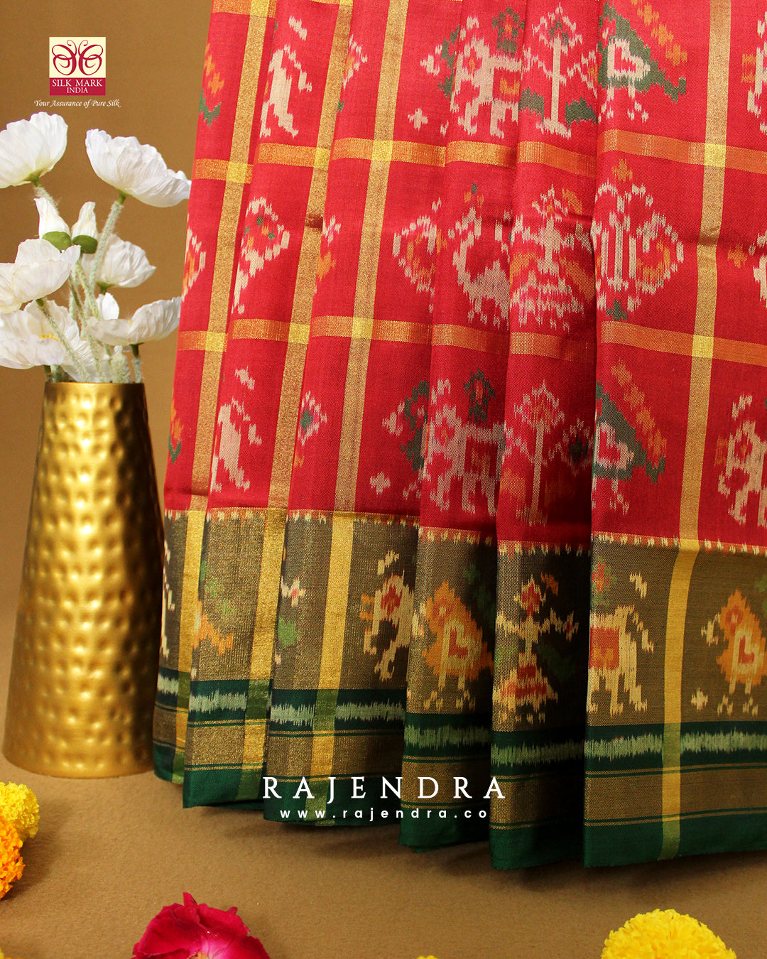 Handwoven Zari Checks Hathi Popat Design Red and Green Single Ikkat Rajkot Patola Saree