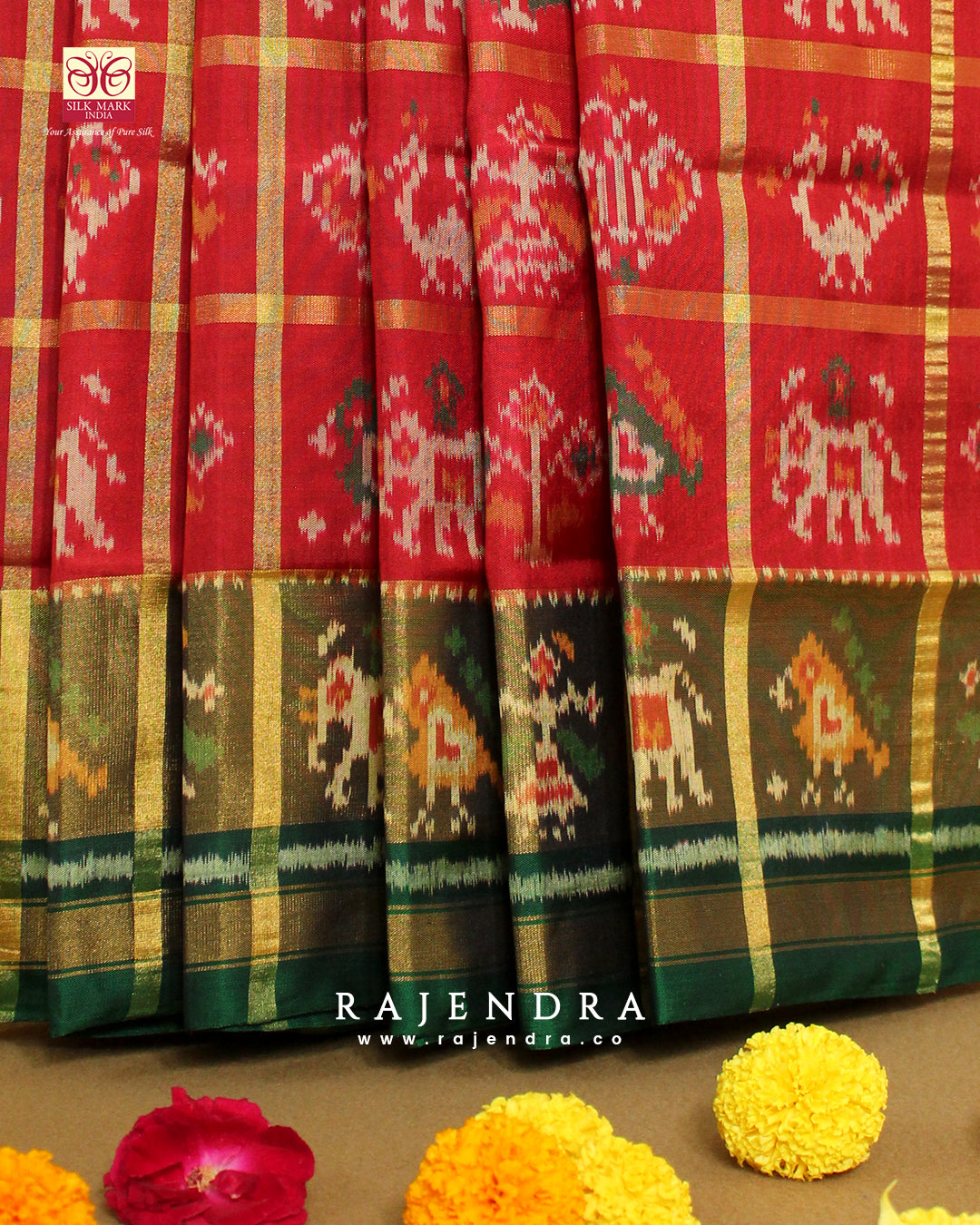 Handwoven Zari Checks Hathi Popat Design Red and Green Single Ikkat Rajkot Patola Saree