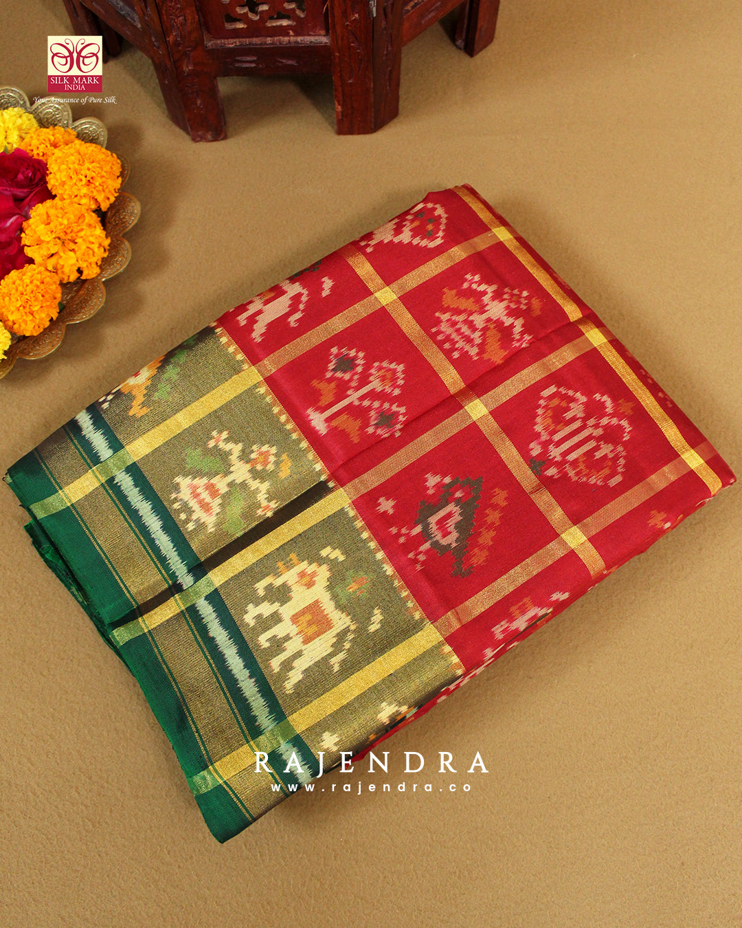 Handwoven Zari Checks Hathi Popat Design Red and Green Single Ikkat Rajkot Patola Saree