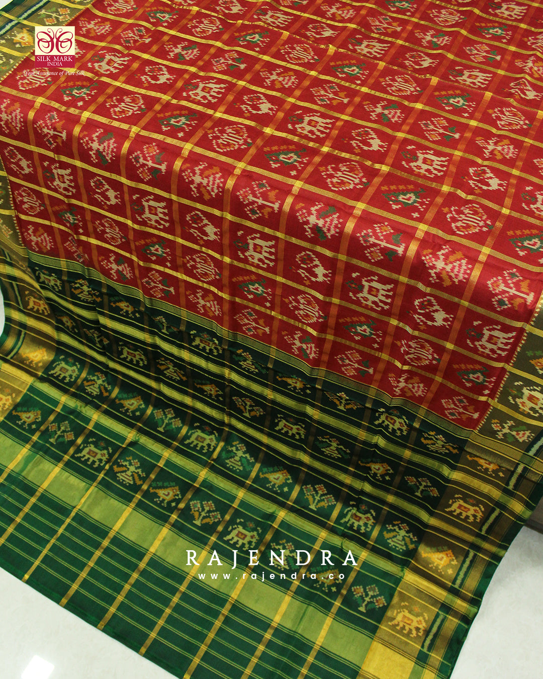Handwoven Zari Checks Hathi Popat Design Red and Green Single Ikkat Rajkot Patola Saree