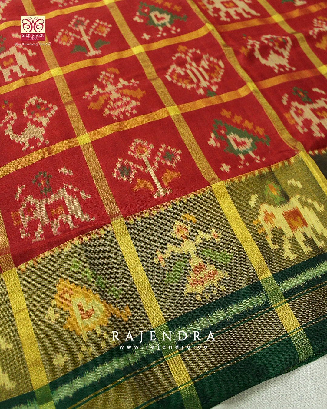 Handwoven Zari Checks Hathi Popat Design Red and Green Single Ikkat Rajkot Patola Saree