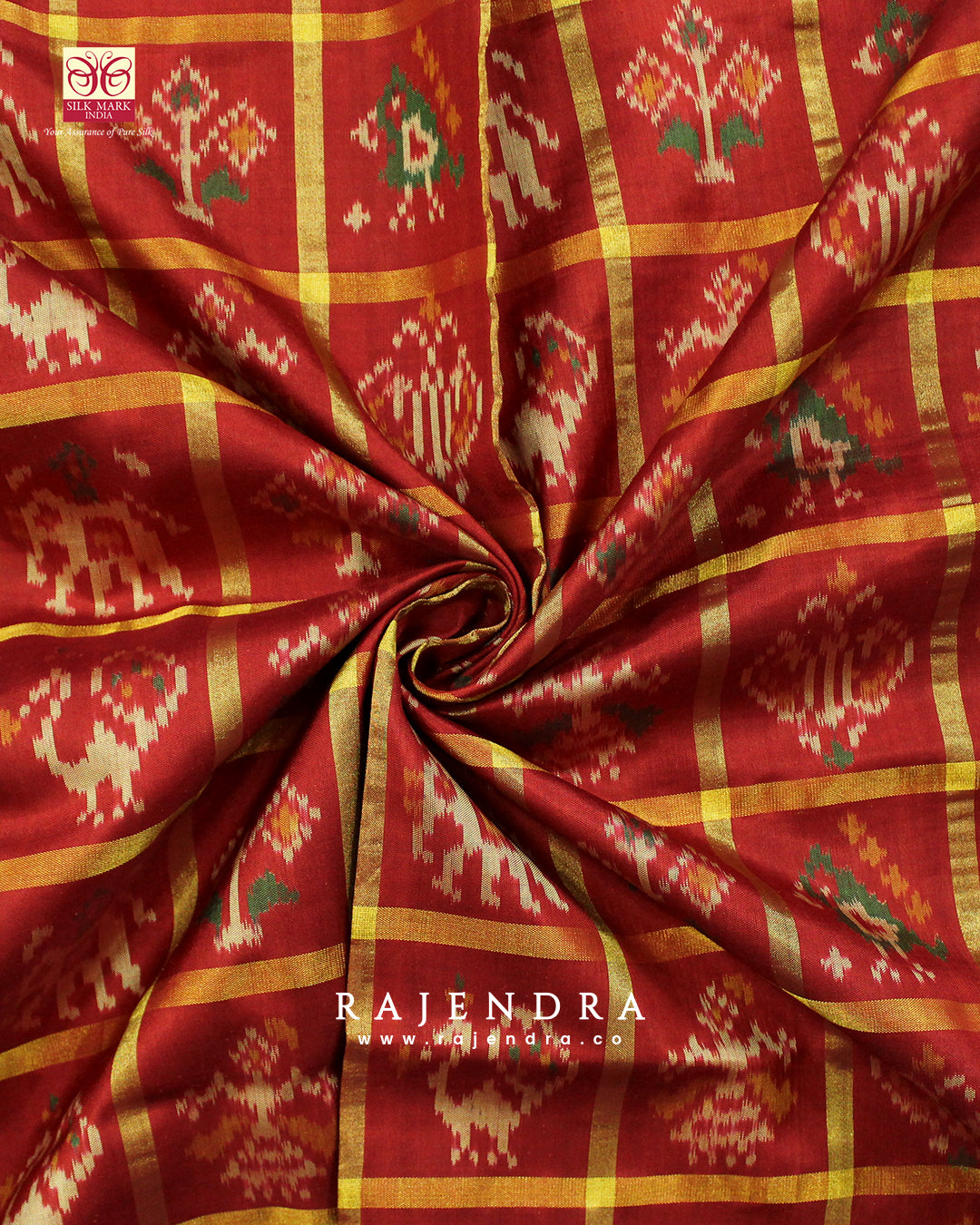 Handwoven Zari Checks Hathi Popat Design Red and Green Single Ikkat Rajkot Patola Saree