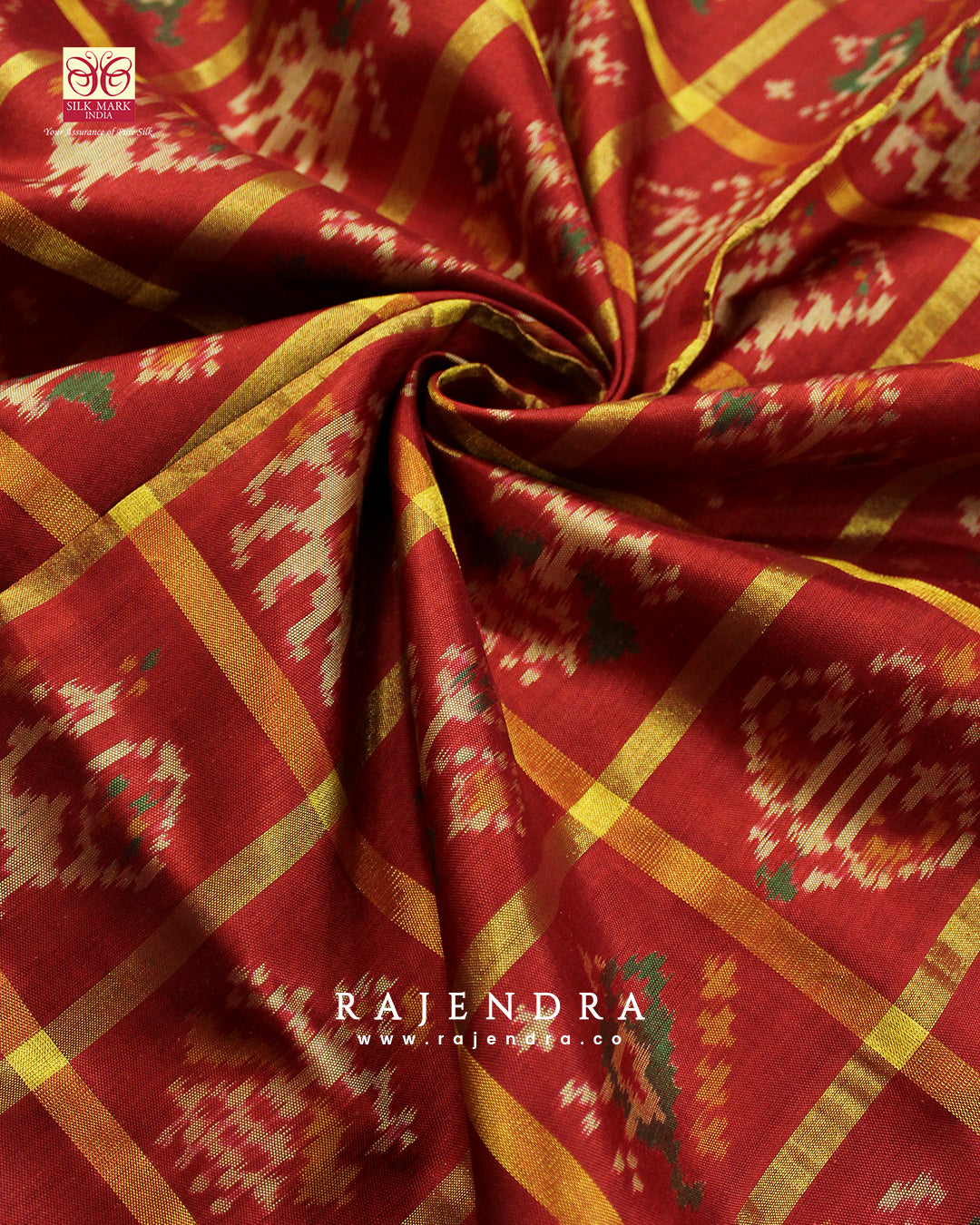 Handwoven Zari Checks Hathi Popat Design Red and Green Single Ikkat Rajkot Patola Saree