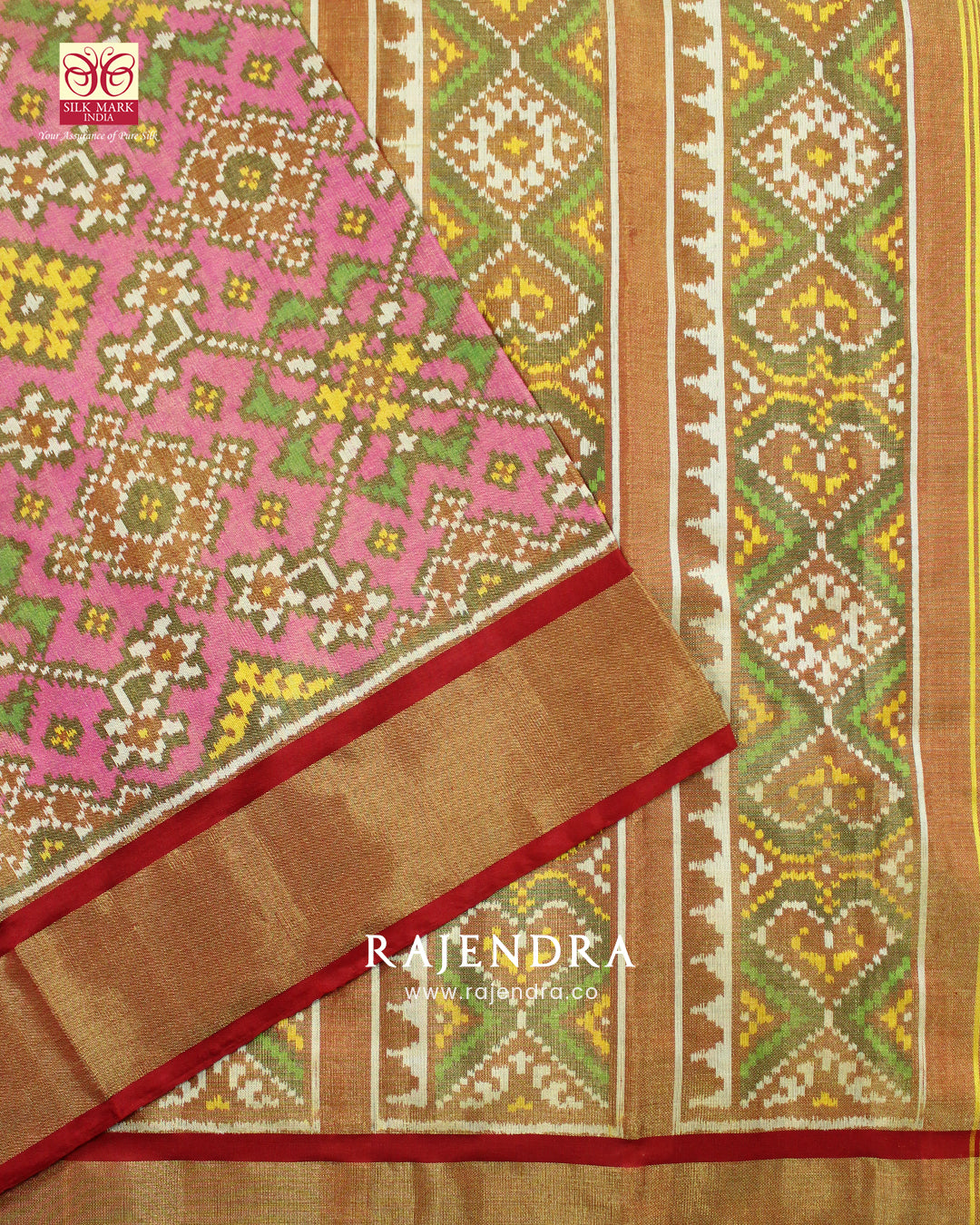 Zari x Silk Navratna Bhat Red and Pink SIngle Ikkat Rajkot Patola Saree