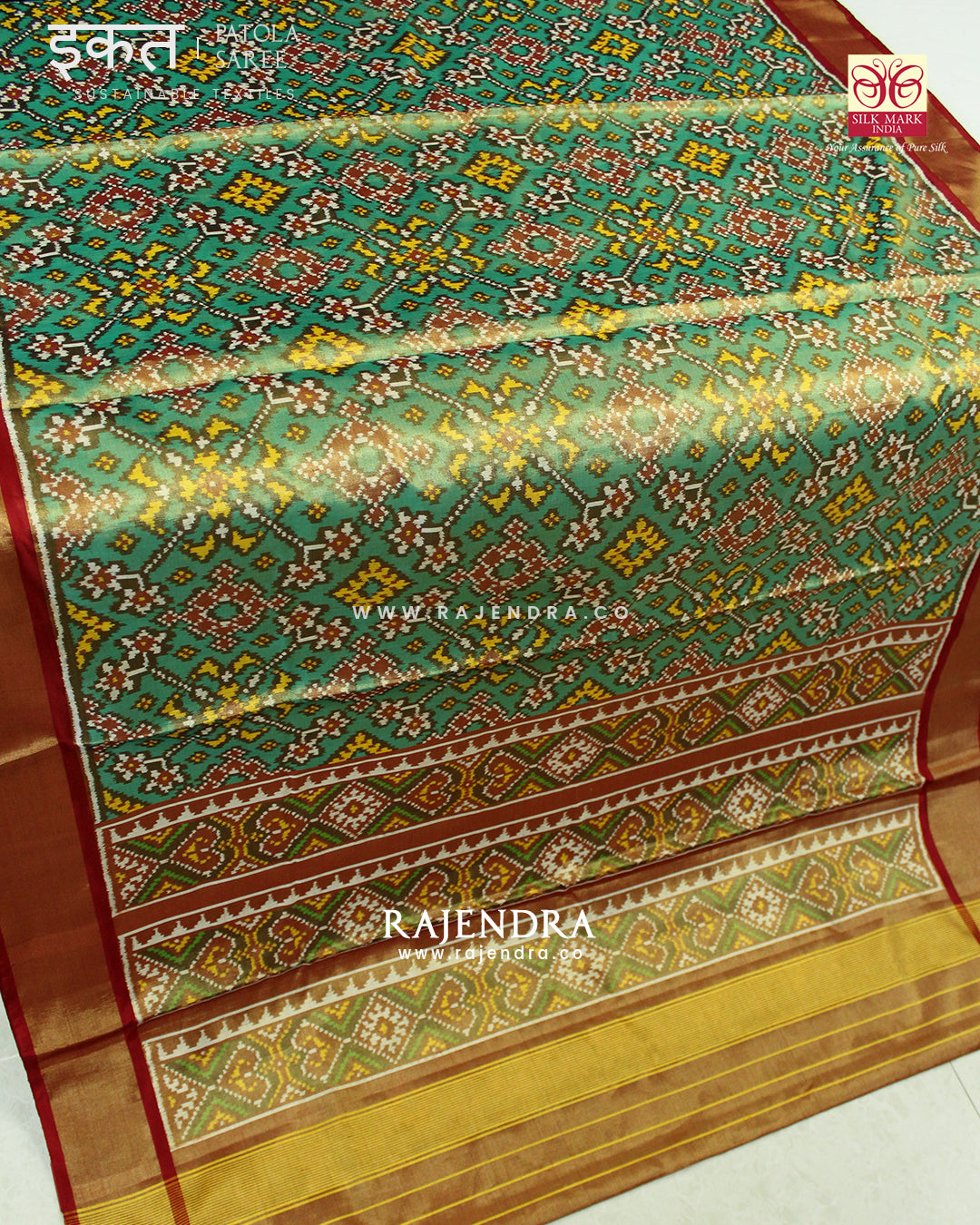 Zari x Silk Navratna Bhat Red and Green SIngle Ikkat Rajkot Patola Saree