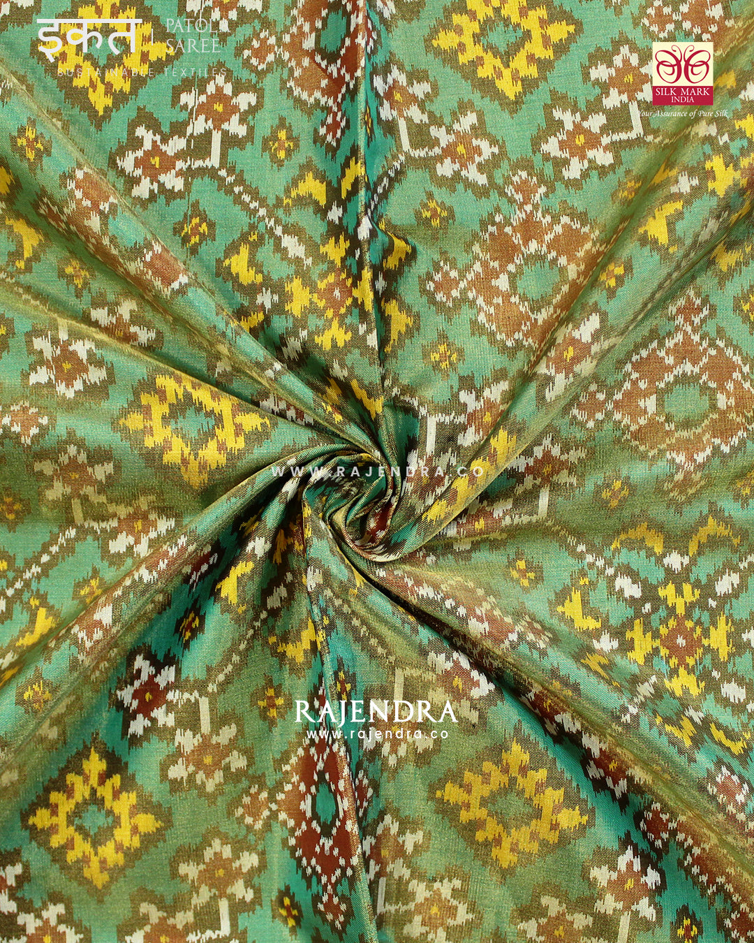 Zari x Silk Navratna Bhat Red and Green SIngle Ikkat Rajkot Patola Saree