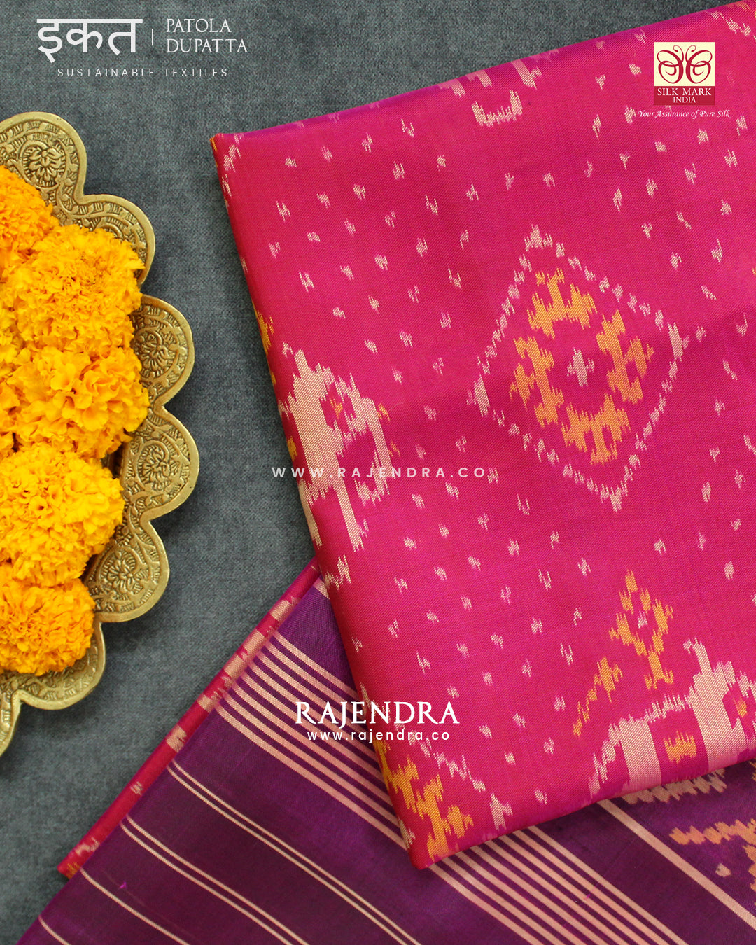Exclusive Hathi Chanda Magenta Pink Single Ikat Rajkot Patola Dupatta
