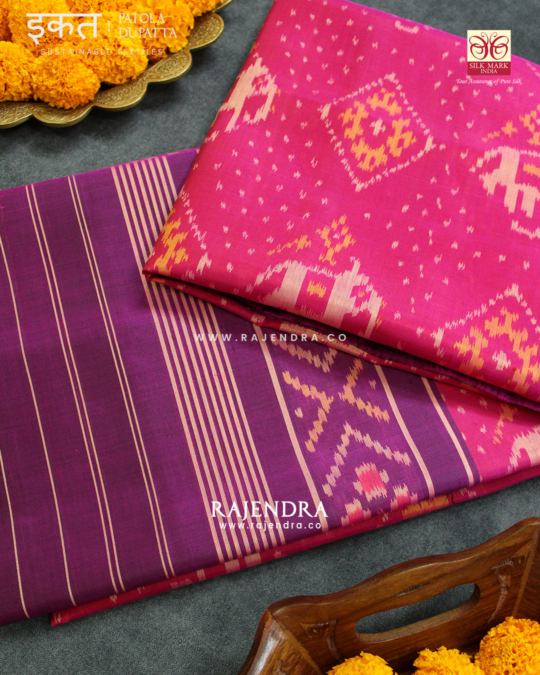 Exclusive Hathi Chanda Magenta Pink Single Ikat Rajkot Patola Dupatta