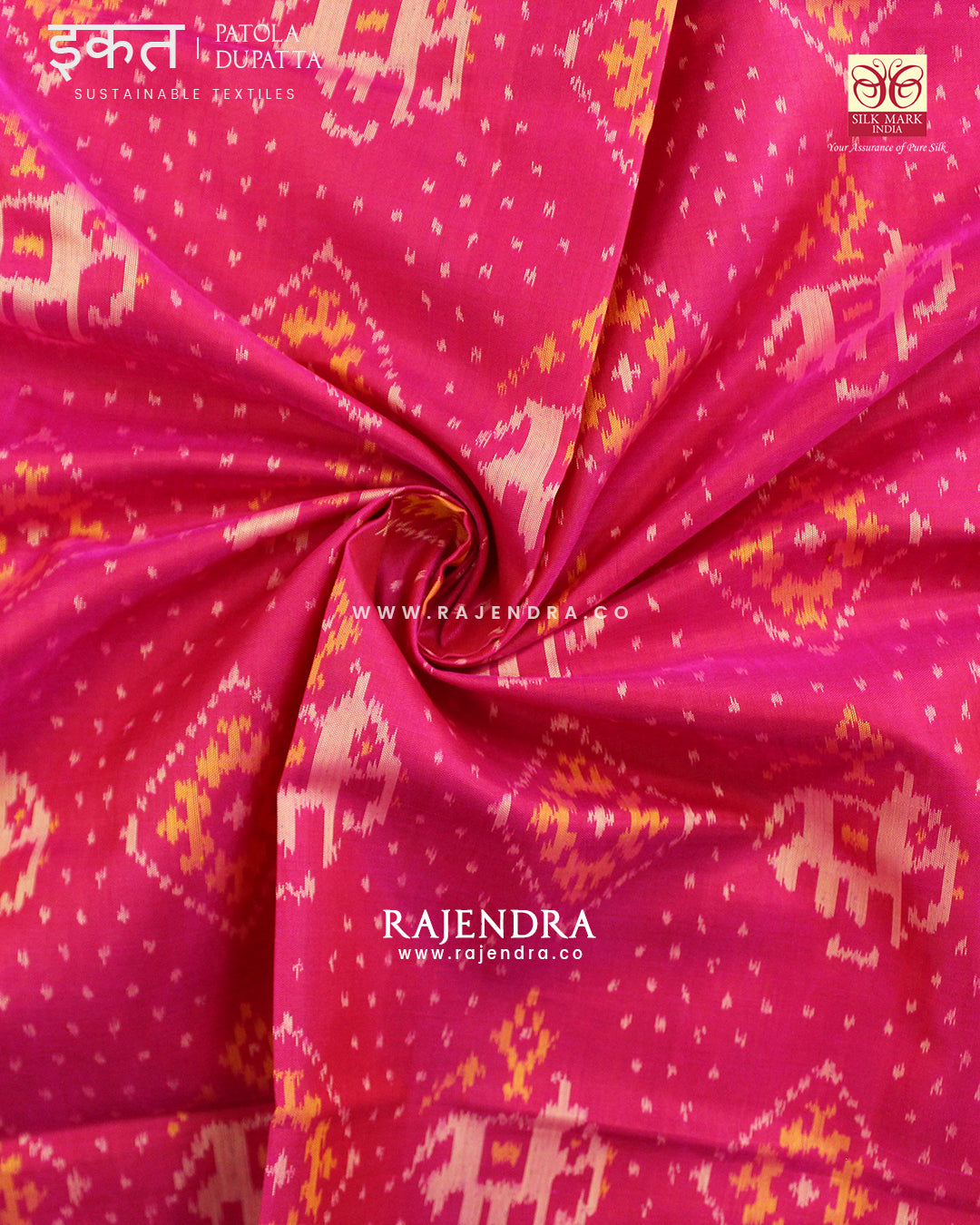 Exclusive Hathi Chanda Magenta Pink Single Ikat Rajkot Patola Dupatta