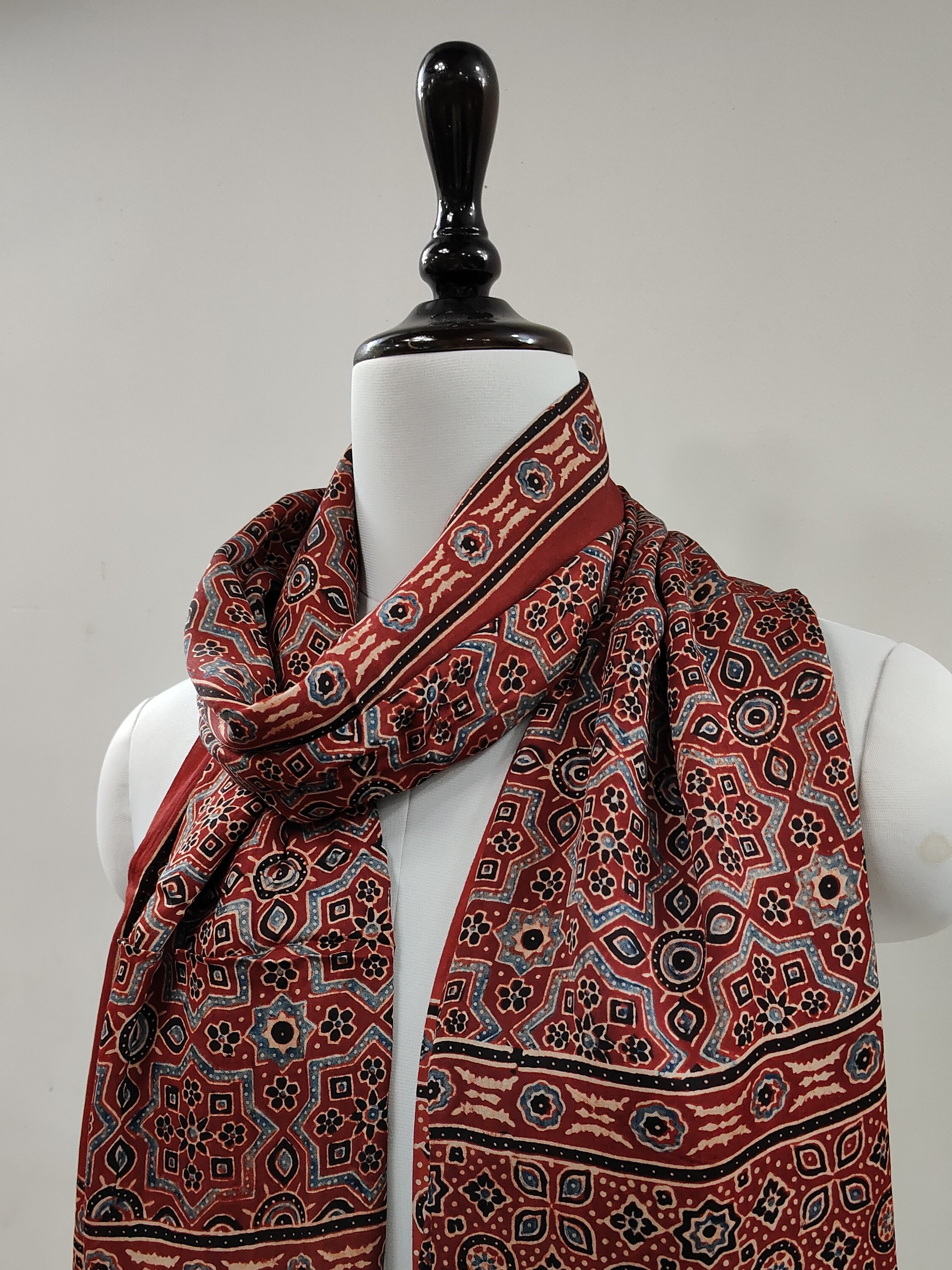 Traditional Ajrakh Madder Red Natural Dyed Modal Silk Dupatta