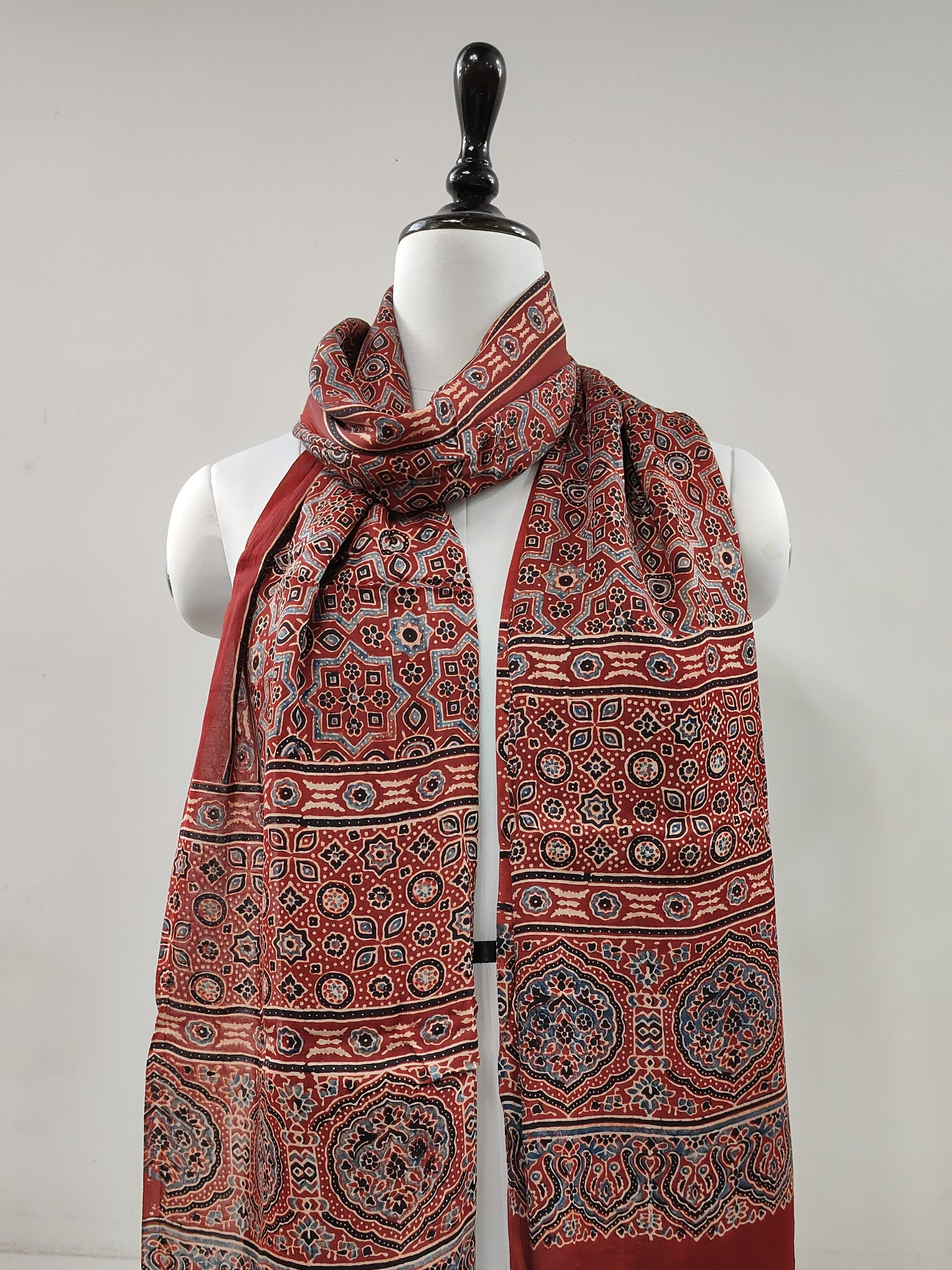 Traditional Ajrakh Madder Red Natural Dyed Modal Silk Dupatta