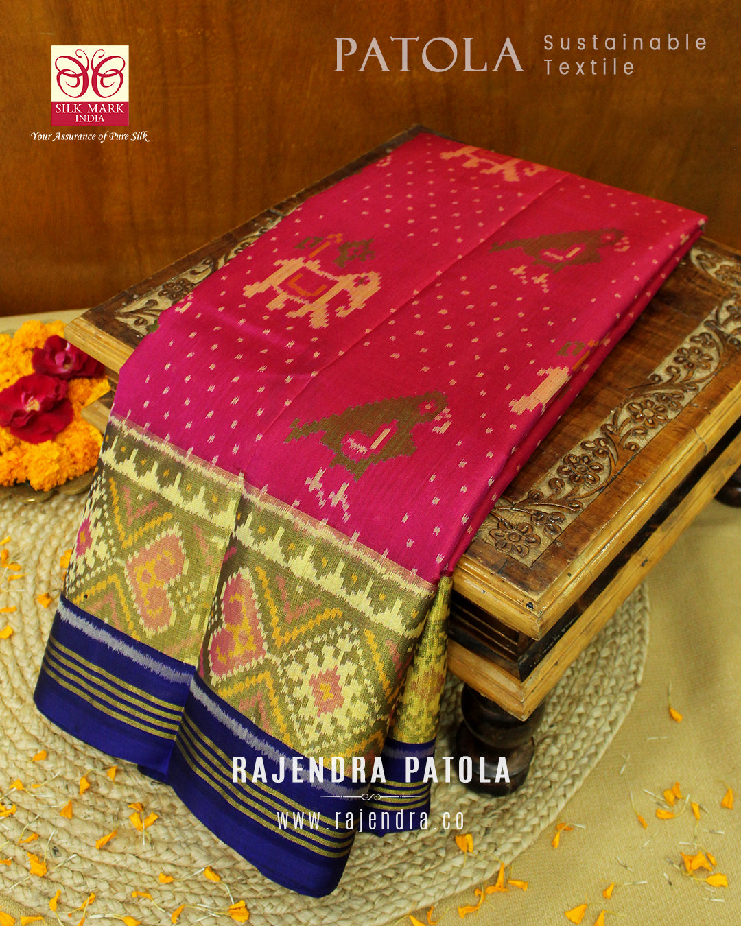 Traditional Hathi Popat Dana Bhat Single Ikat Rajkot Patola Saree