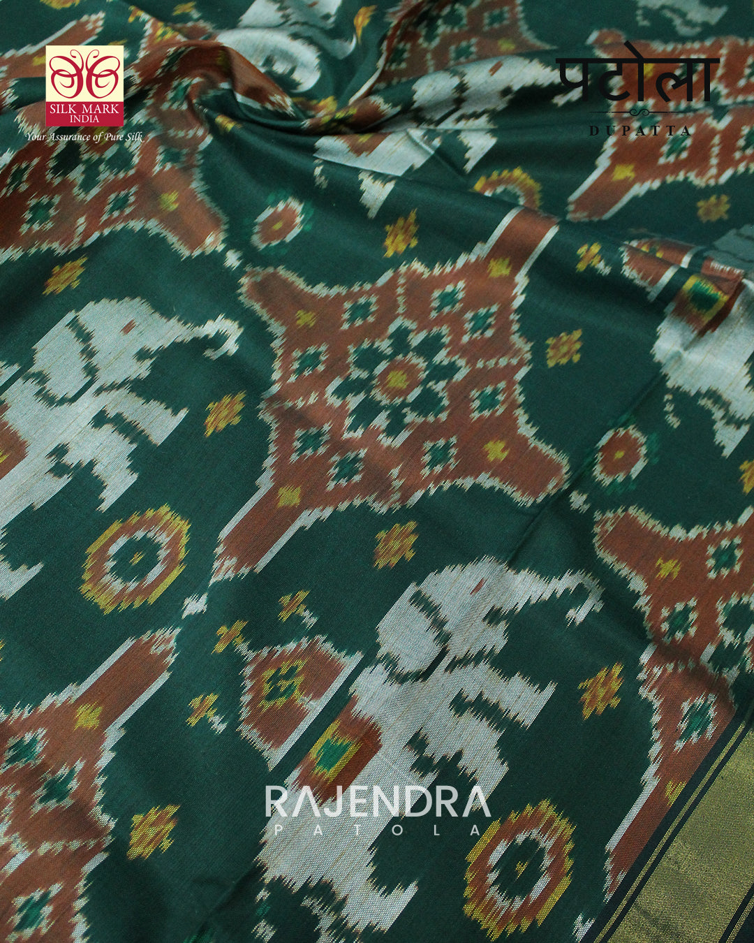 Exclusive Elephant Motif Dark Green Single Ikat Rajkot Patola Dupatta