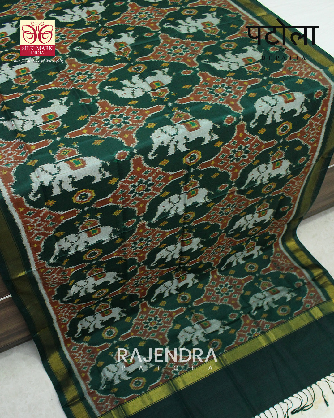 Exclusive Elephant Motif Dark Green Single Ikat Rajkot Patola Dupatta