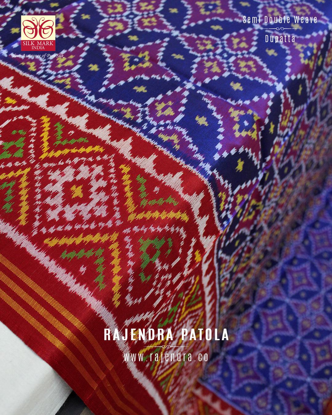 Exclusive Red and Royal Blue Shaded Semi Double Ikat Rajkot Patola Dupatta