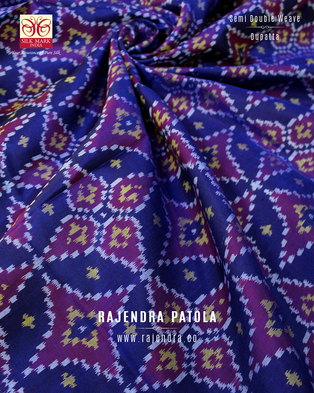 Exclusive Red and Royal Blue Shaded Semi Double Ikat Rajkot Patola Dupatta