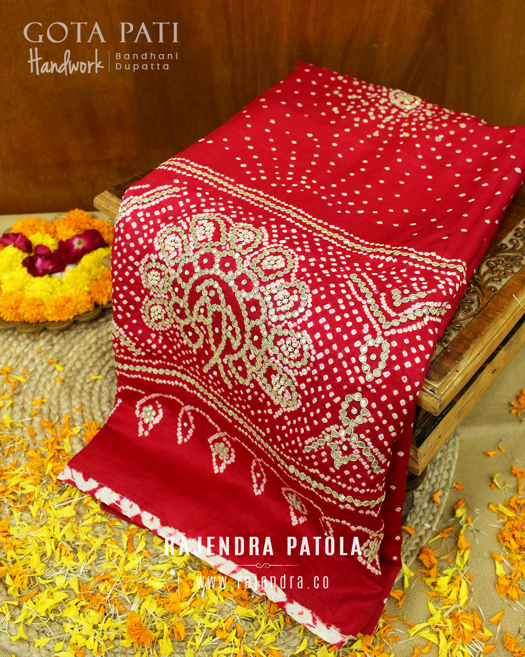 Exclusive Gota Pati Handwork Gaji Silk Bandhani Dupatta Rajendra
