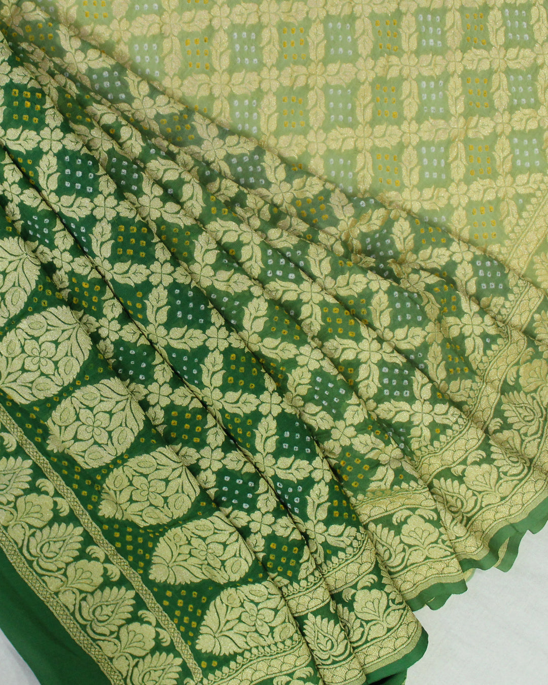 Traditional Light Dark Green Pure Georgette Banarasi Bandhani Saree