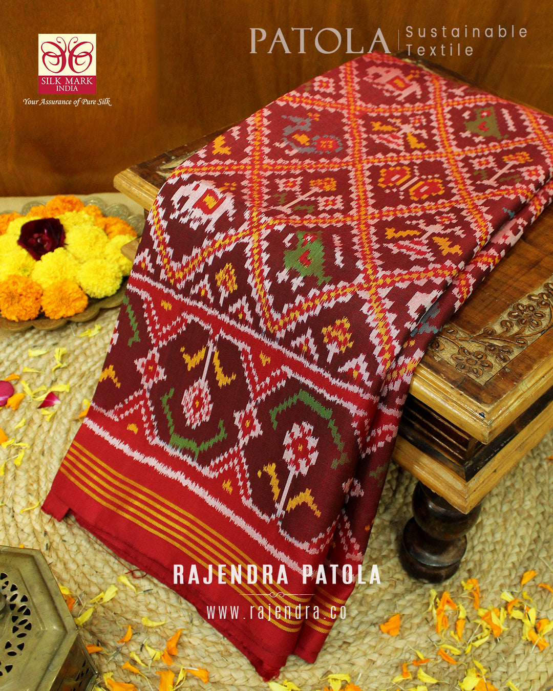 Traditional Hathi Popat Bhat 6 Figure Single Ikat Rajkot Patola Saree