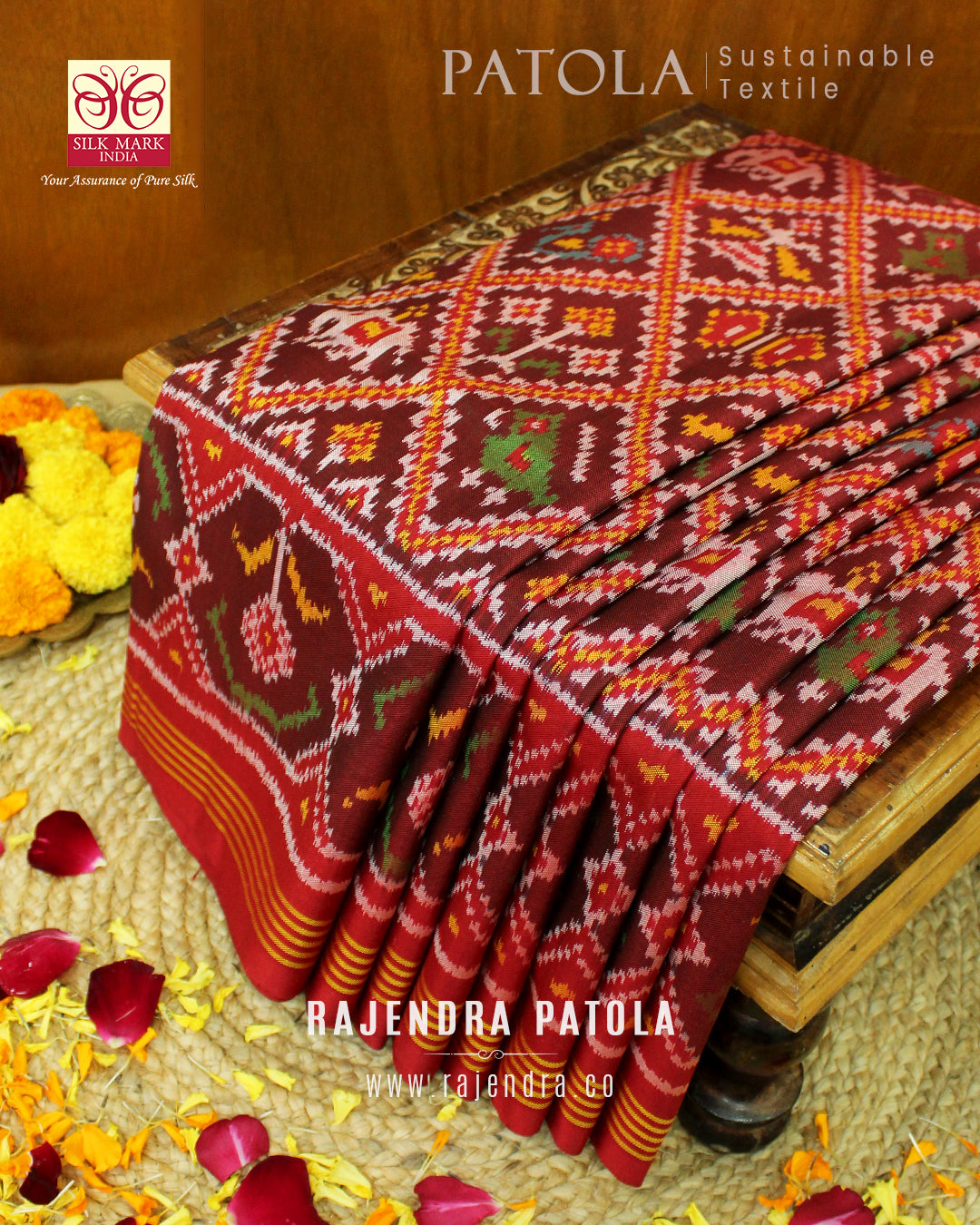 Traditional Hathi Popat Bhat 6 Figure Single Ikat Rajkot Patola Saree