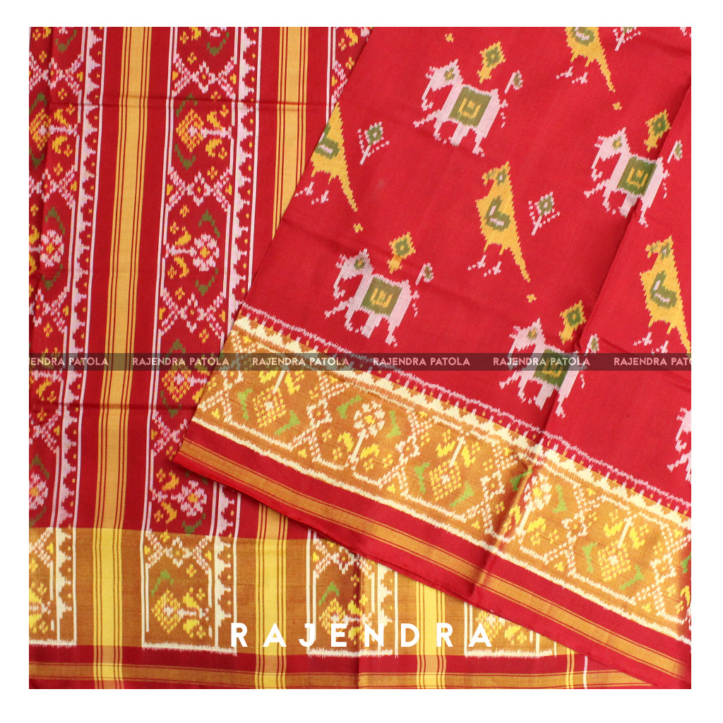 Traditional Hathi Popat Red Single Ikat Rajkot Patola Saree