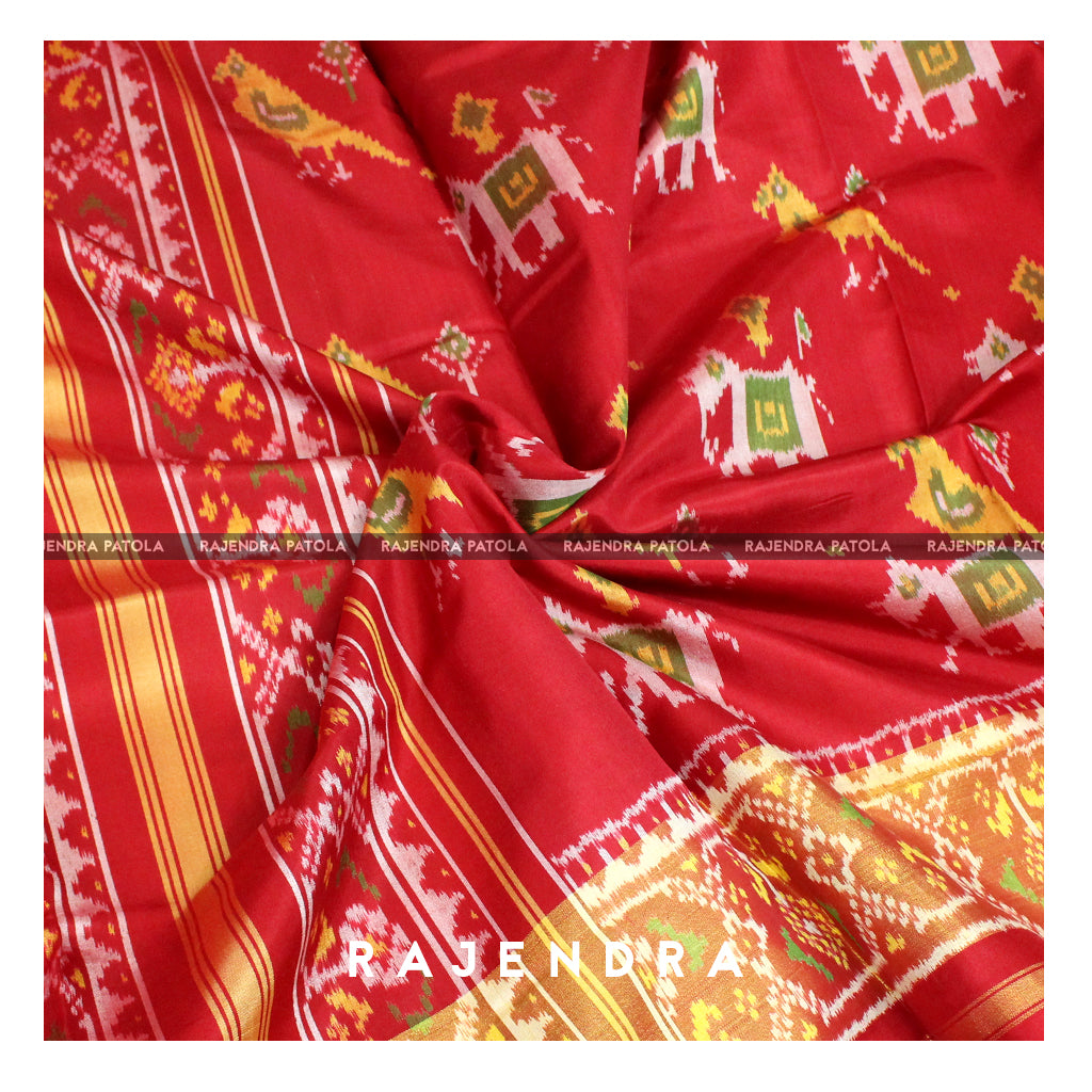 Traditional Hathi Popat Red Single Ikat Rajkot Patola Saree