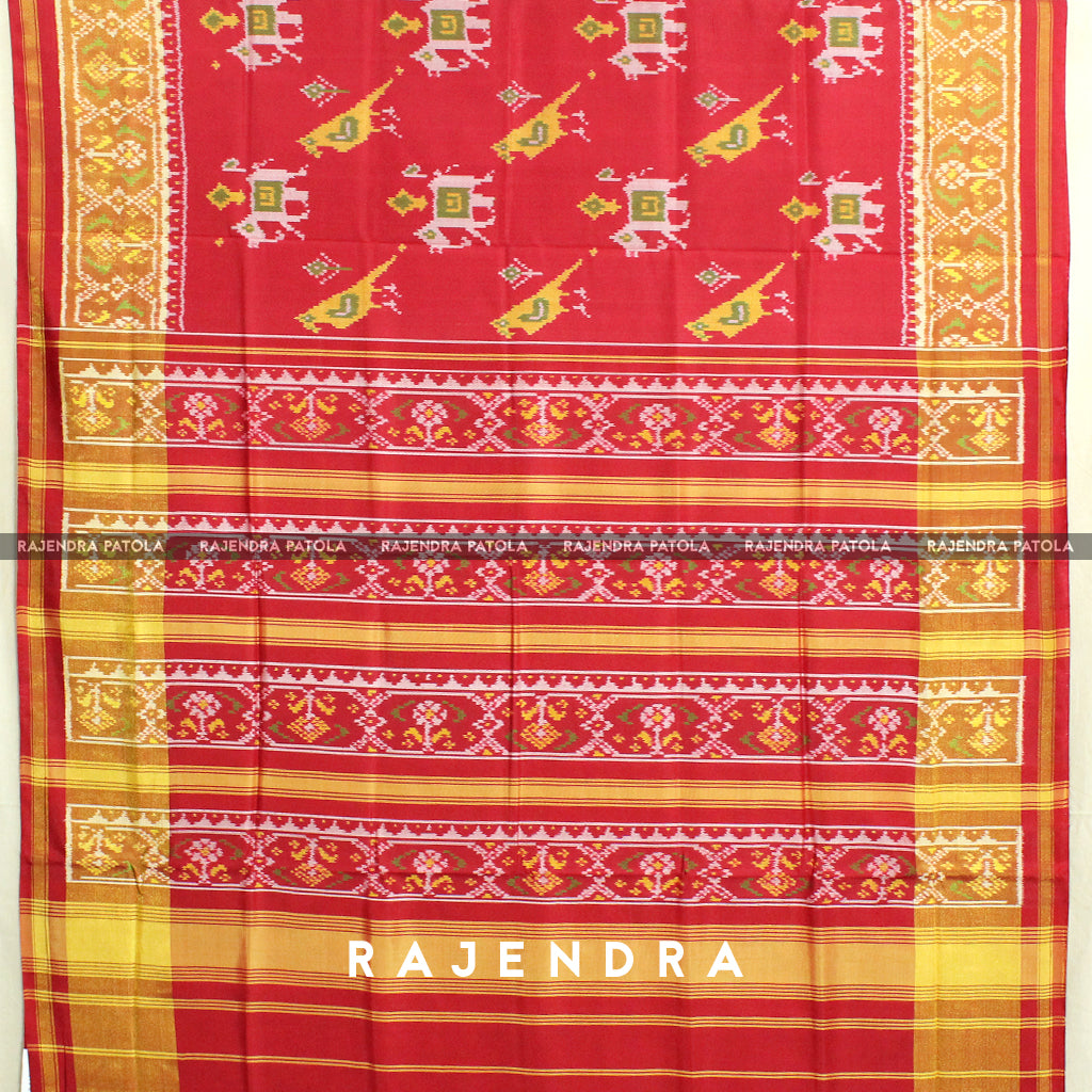 Traditional Hathi Popat Red Single Ikat Rajkot Patola Saree
