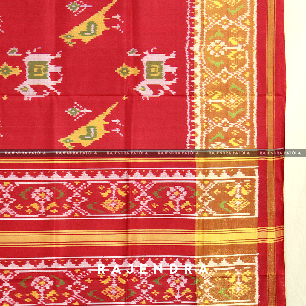 Traditional Hathi Popat Red Single Ikat Rajkot Patola Saree