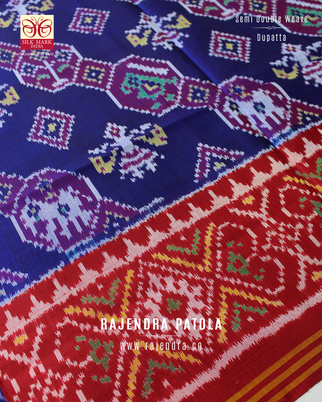 Traditional Red and Blue Laheriya Hathi Popat Semi Double Ikat Rajkot Patola Dupatta