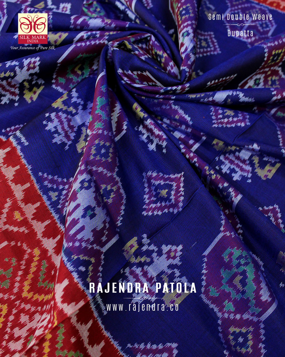 Traditional Red and Blue Laheriya Hathi Popat Semi Double Ikat Rajkot Patola Dupatta