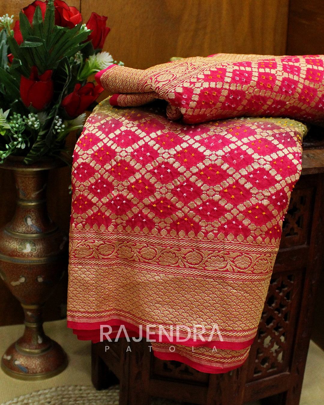 Traditional Rani Pink and Sheen Green Banarasi Bandhani Saree