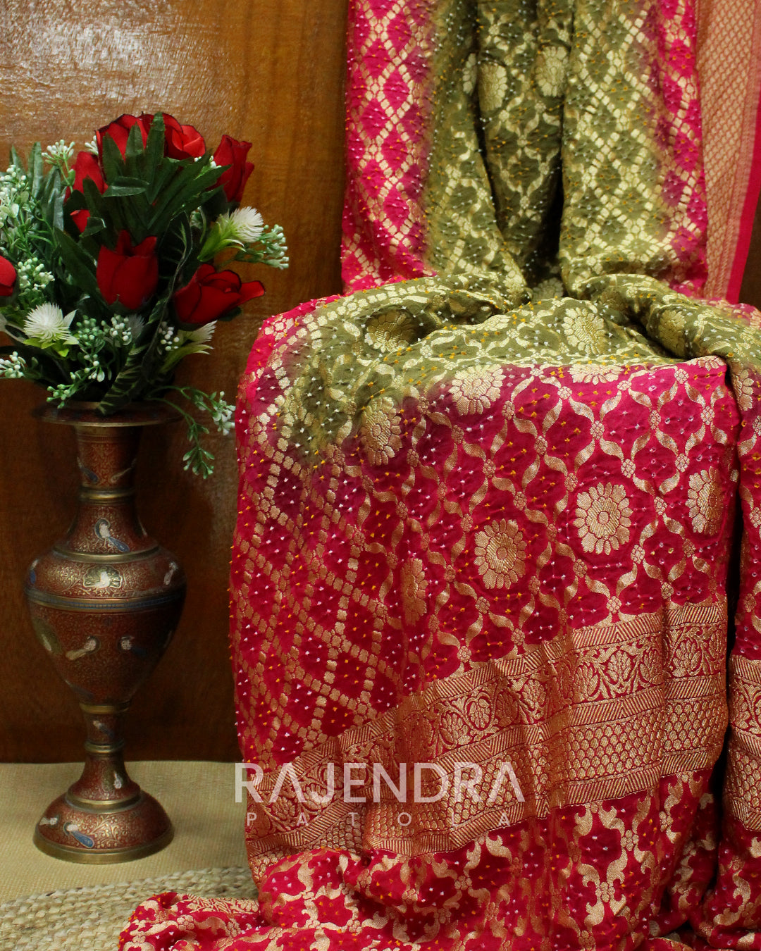 Traditional Rani Pink and Sheen Green Banarasi Bandhani Saree