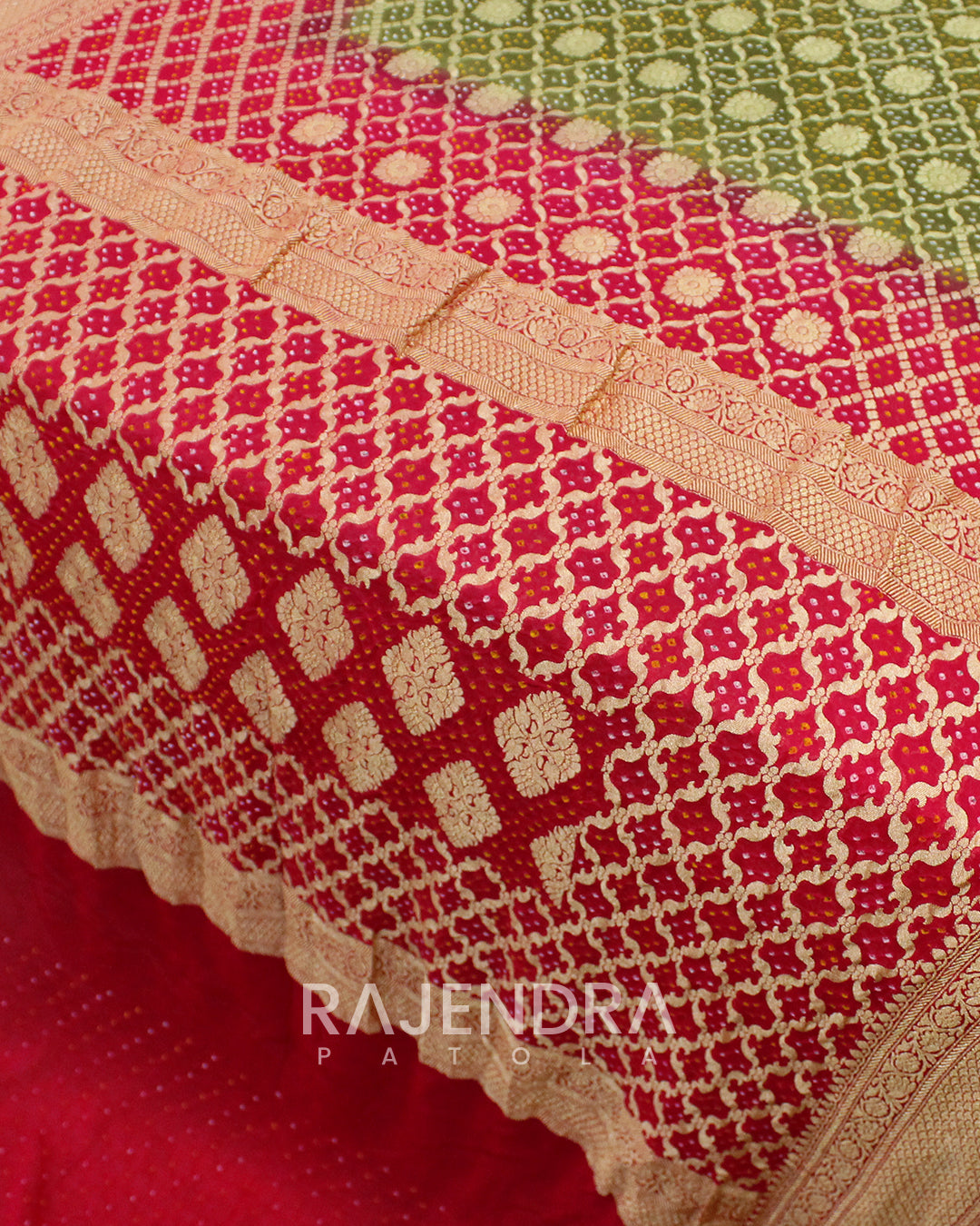 Traditional Rani Pink and Sheen Green Banarasi Bandhani Saree