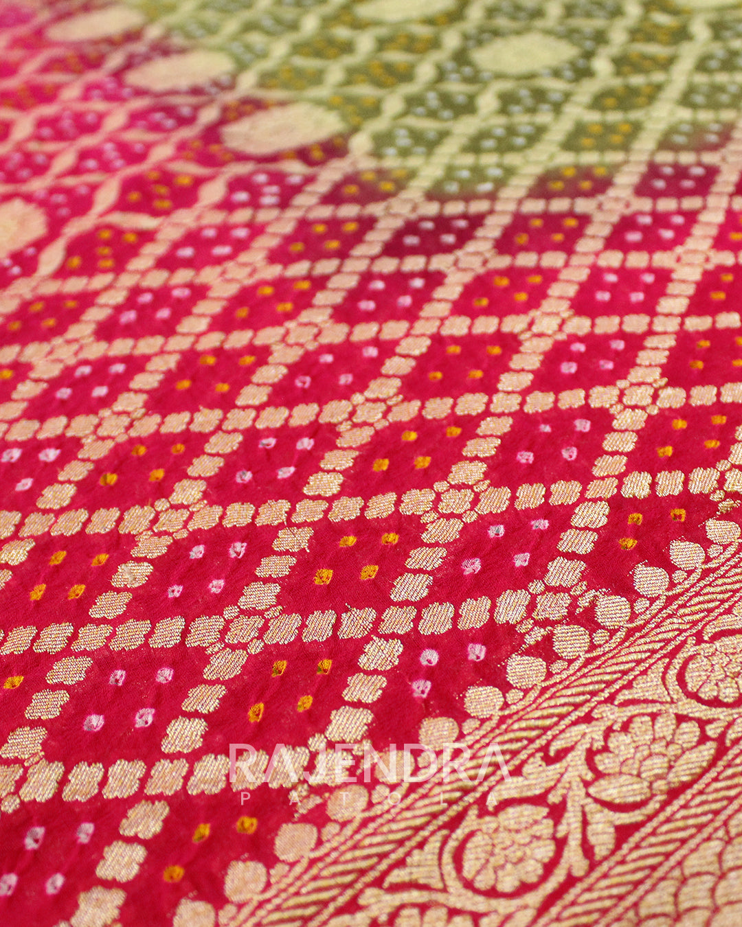 Traditional Rani Pink and Sheen Green Banarasi Bandhani Saree