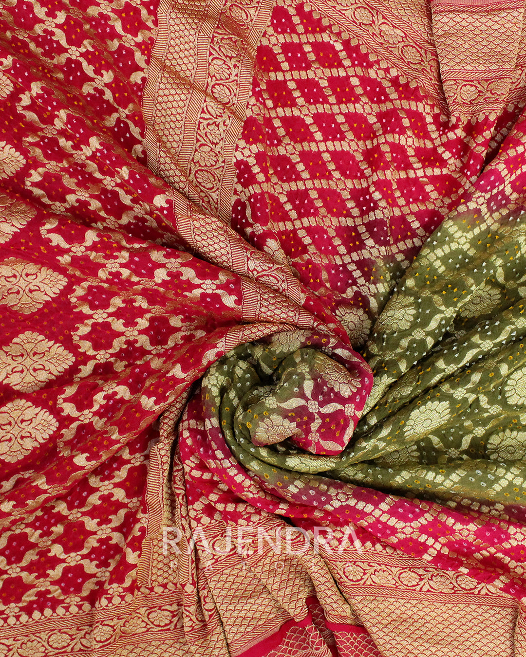 Traditional Rani Pink and Sheen Green Banarasi Bandhani Saree