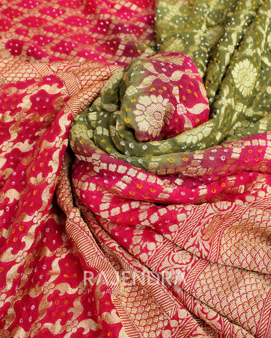 Traditional Rani Pink and Sheen Green Banarasi Bandhani Saree