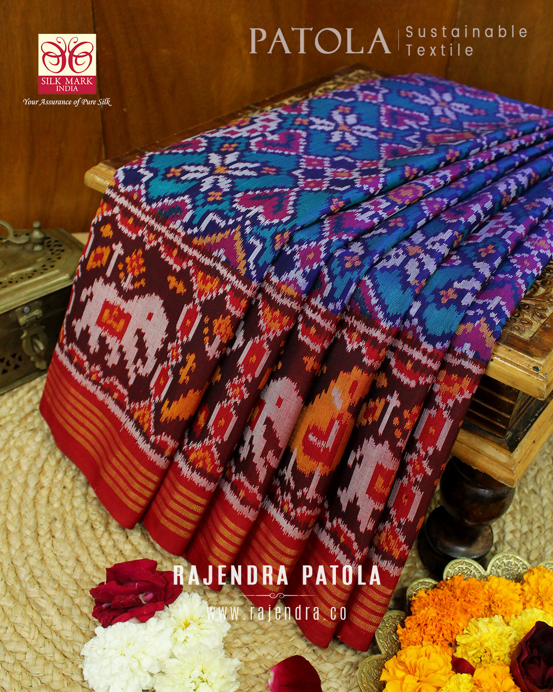 Intricate Handwoven Manekchowk Bhat Single Ikat Rajkot Patola Saree