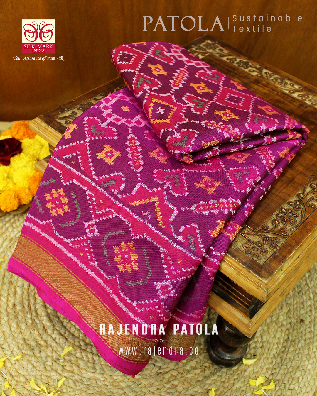 Intricate Handwoven Manekchowk Bhat Single Ikat Rajkot Patola Saree