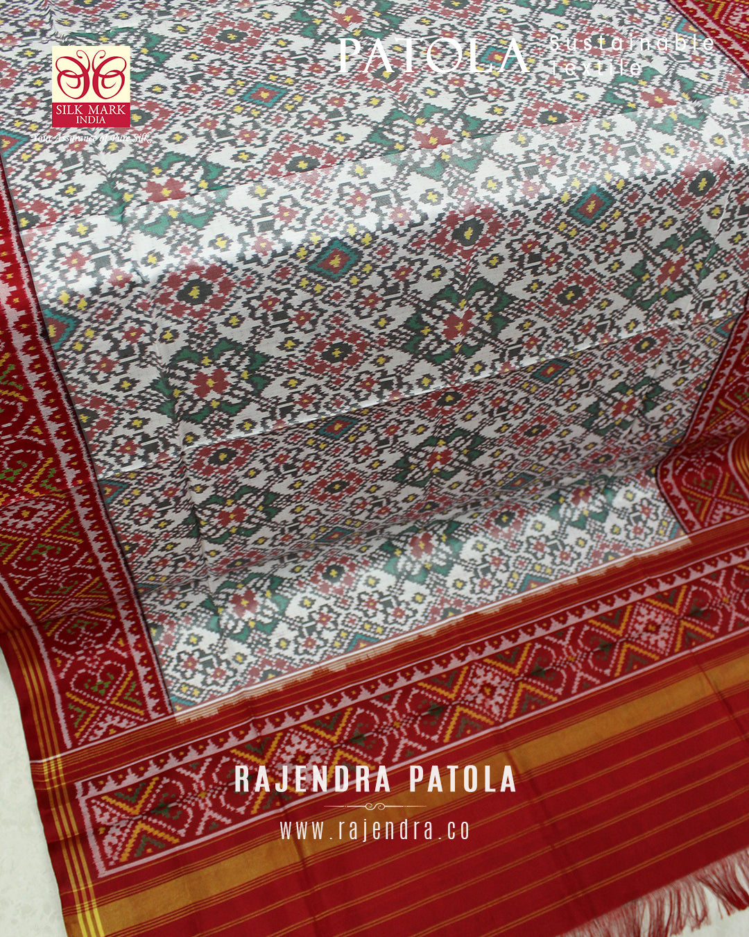 Traditional Navratna Red and White Semi Double Weave Rajkot Patola Dupatta