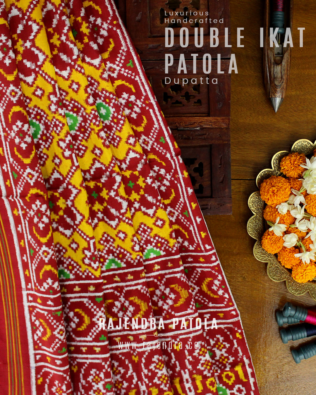 Premium Handwoven Red Yellow Nav Ratna Double Ikat Patola Dupatta