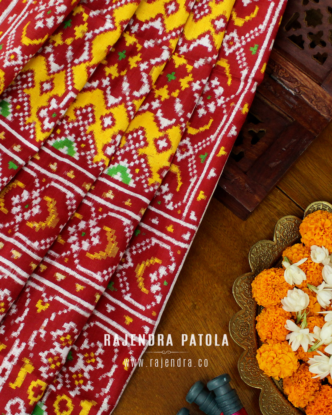 Premium Handwoven Red Yellow Nav Ratna Double Ikat Patola Dupatta