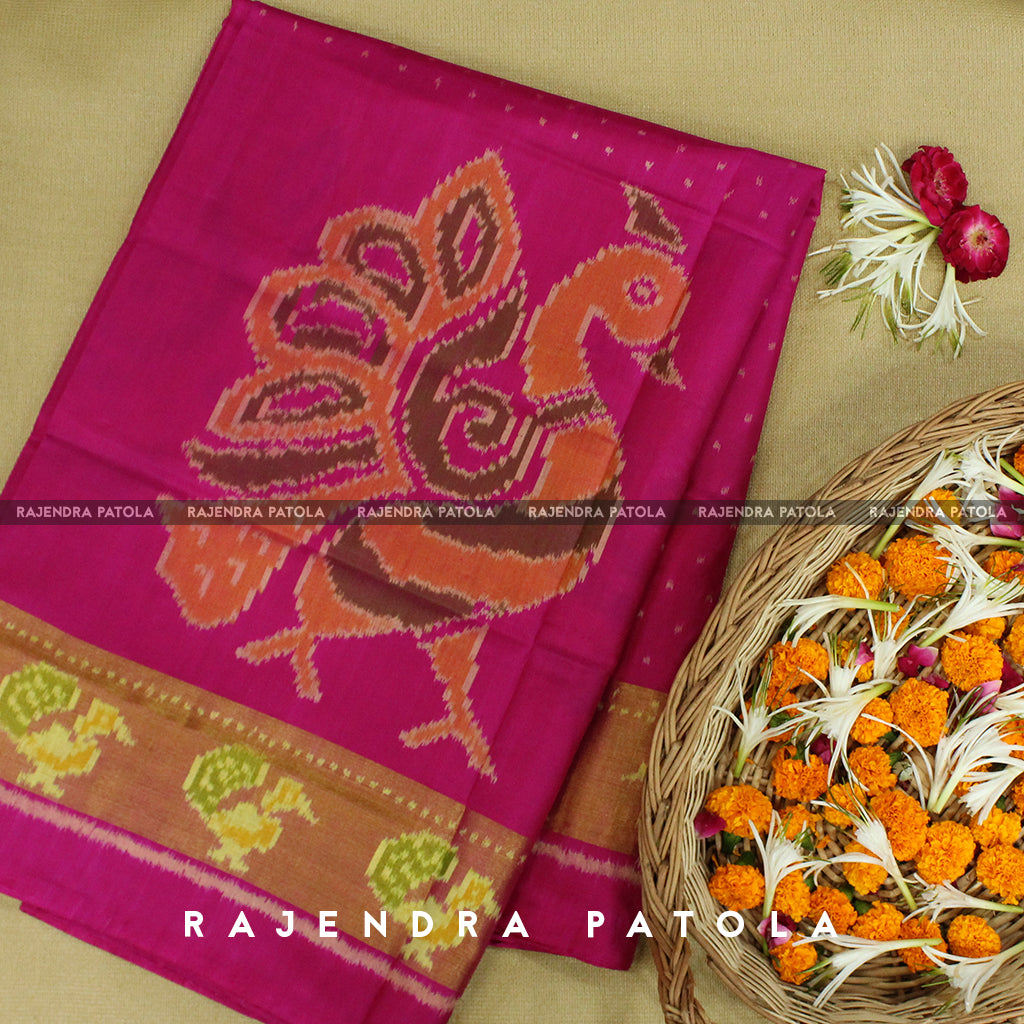 Exclusive Peacock Motif Skirt Border Pink Rajkot Patola Saree