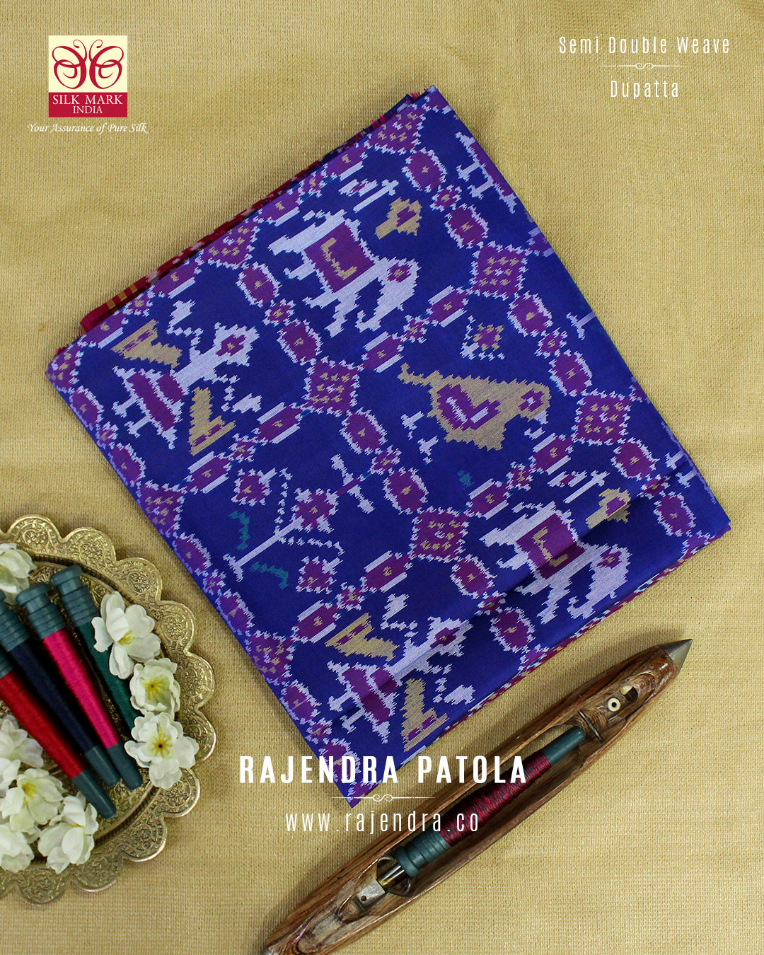 Hathi Popat Rani Pink and Blue Semi Double Weave Rajkot Patola Dupatta
