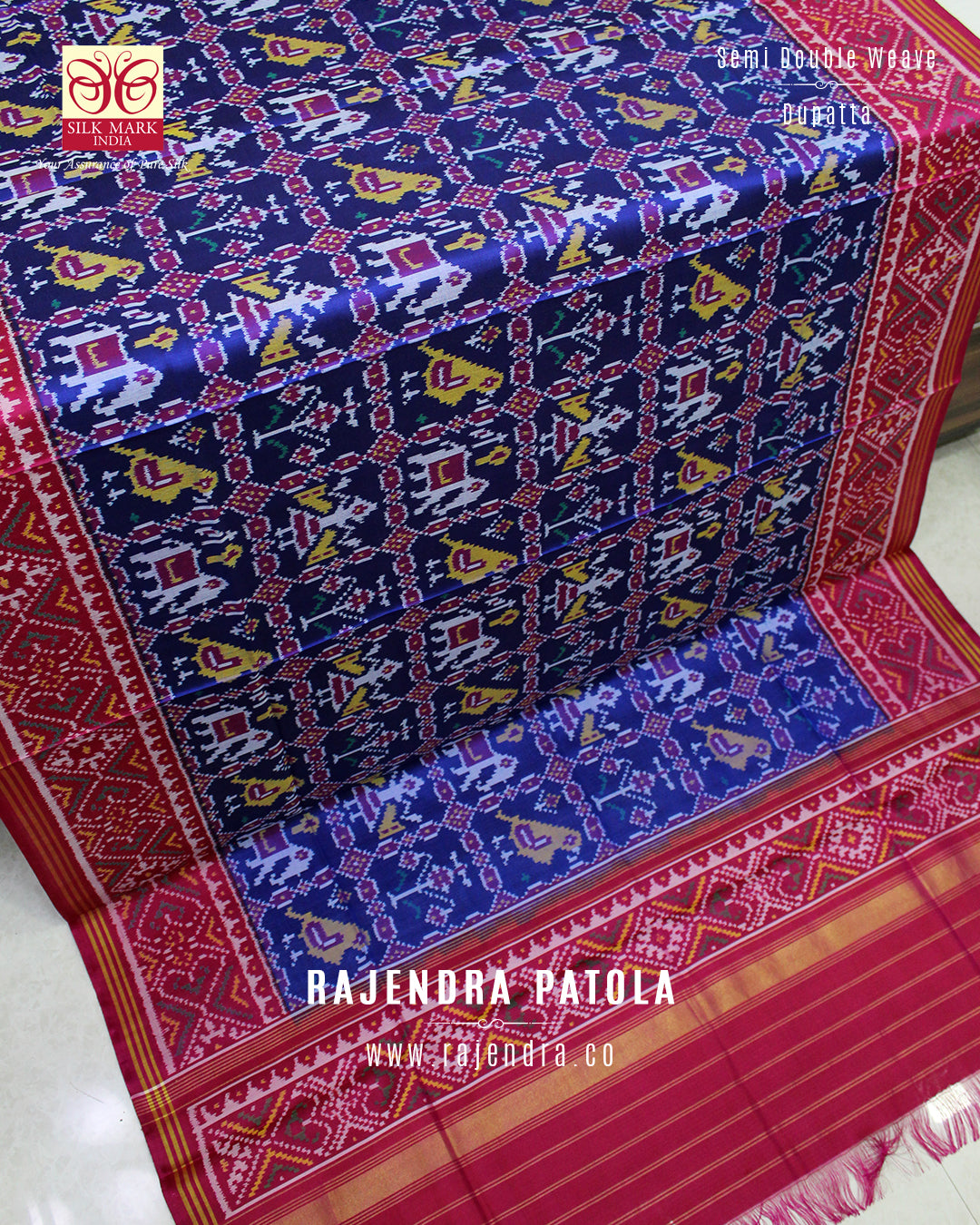 Hathi Popat Rani Pink and Blue Semi Double Weave Rajkot Patola Dupatta