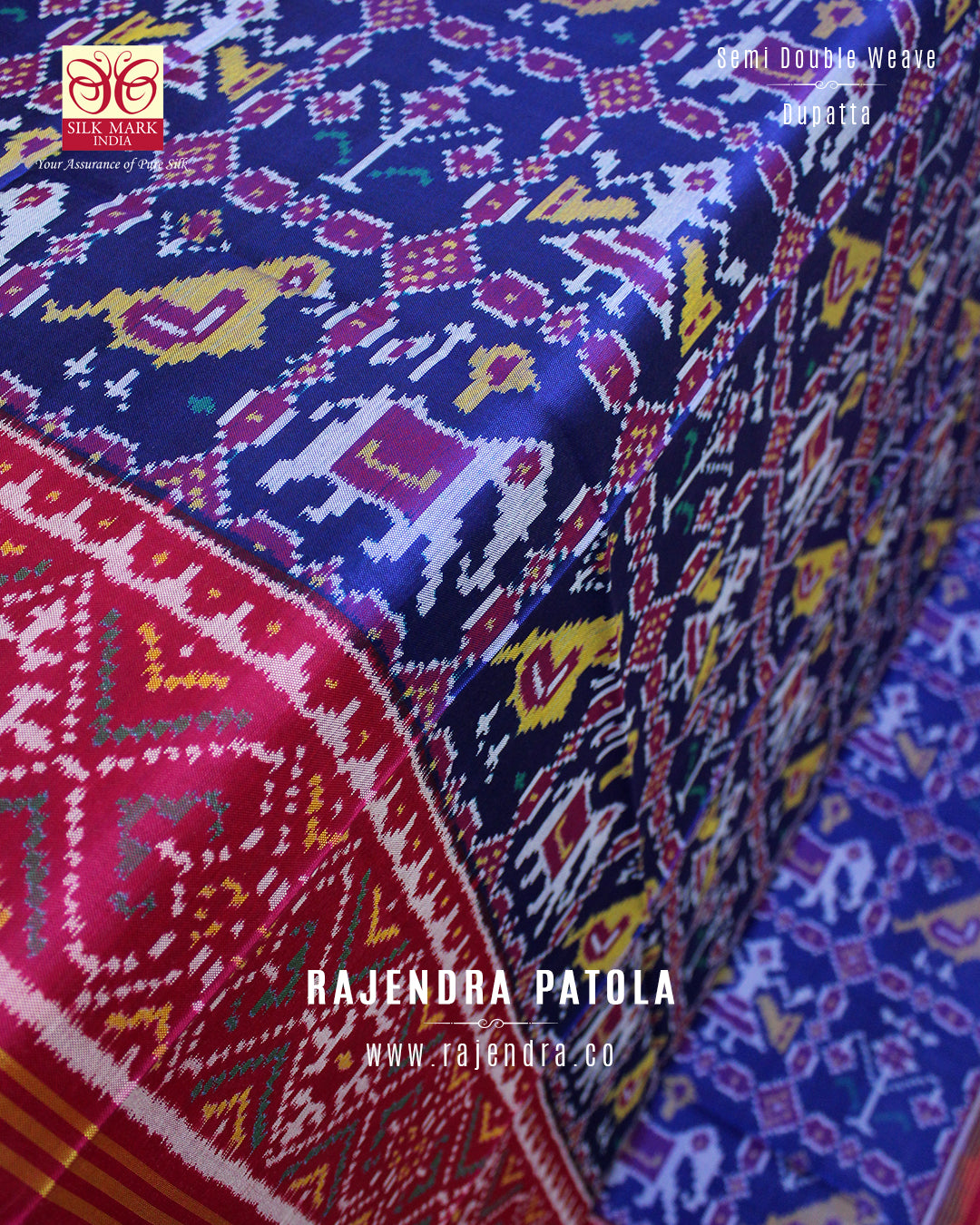 Hathi Popat Rani Pink and Blue Semi Double Weave Rajkot Patola Dupatta