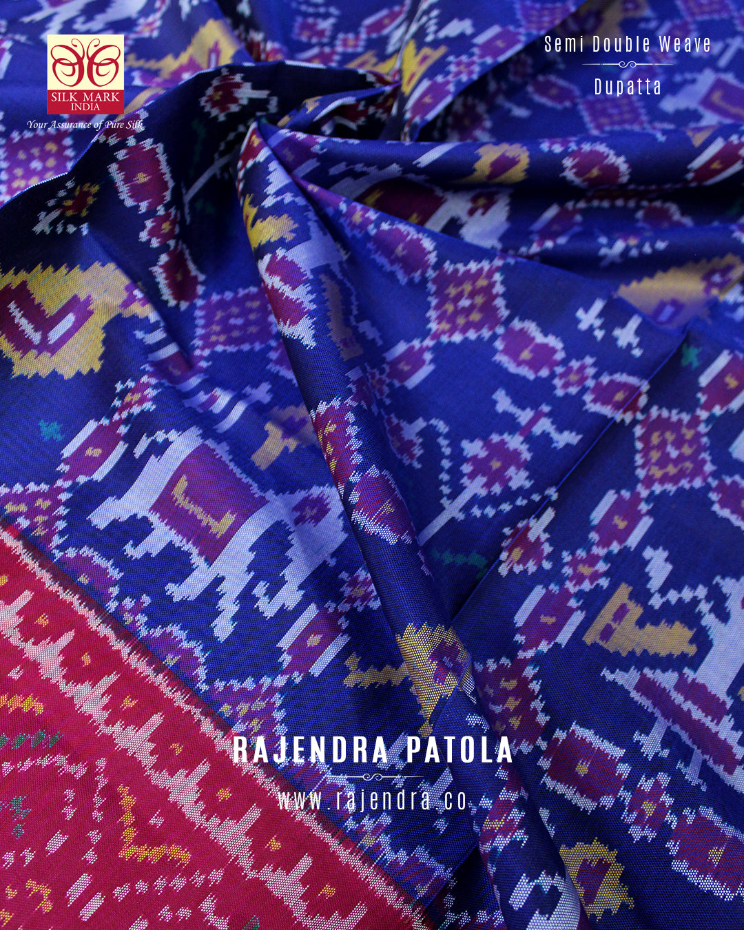 Hathi Popat Rani Pink and Blue Semi Double Weave Rajkot Patola Dupatta