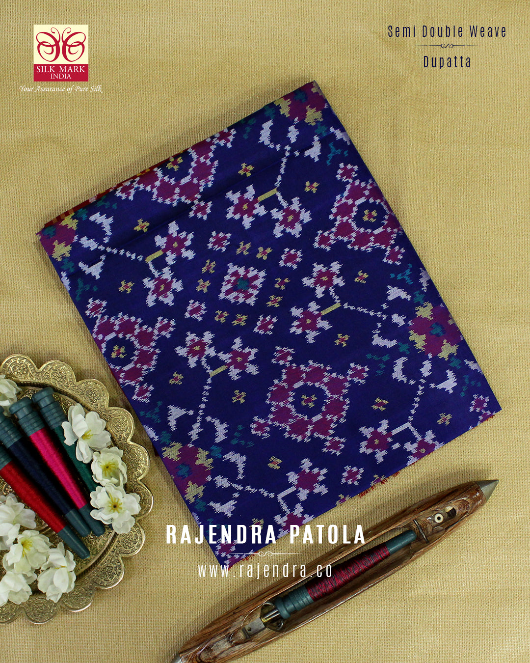 Navratna Design Red and Blue Semi Double Weave Rajkot Patola Dupatta